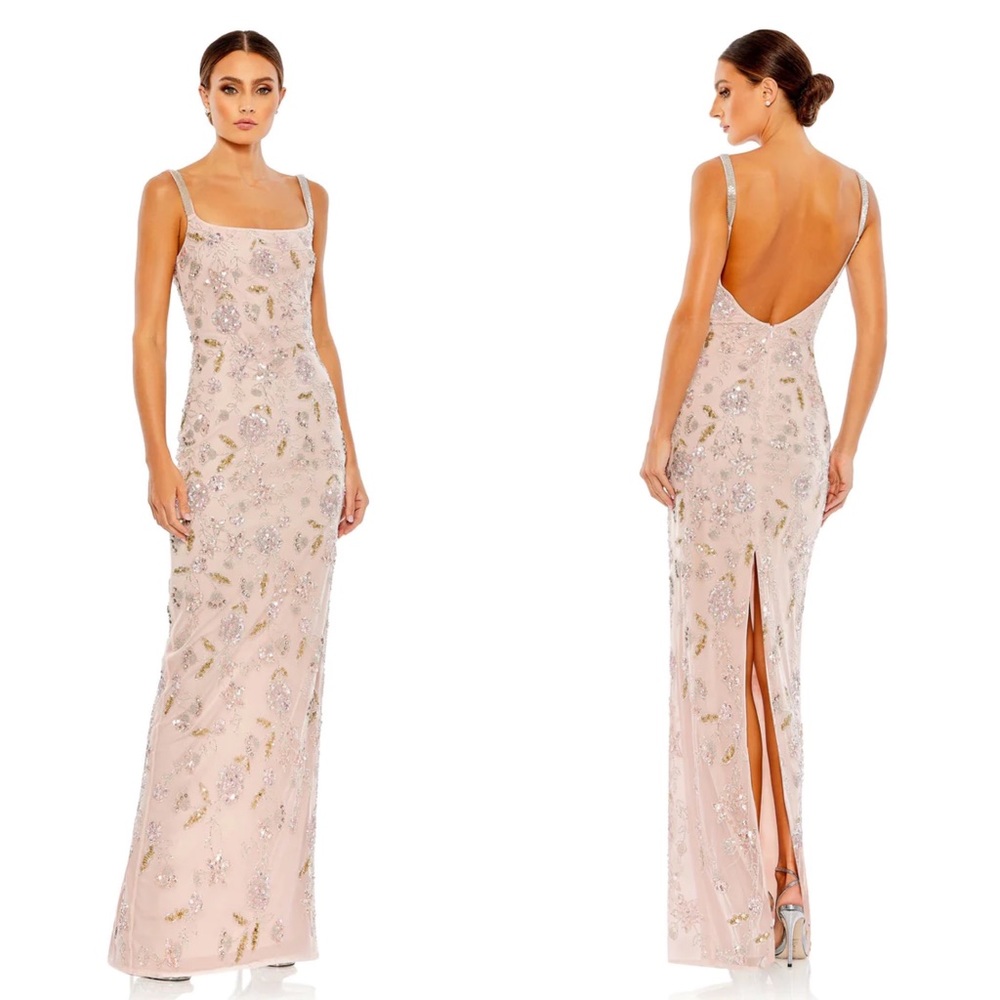 NEW NWT Mac Duggal Hand Beaded Floral Gown W Beaded Spaghetti Straps Rose Pink